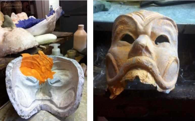 Alcune fasi di lavoro della maschera di Arlecchino, realizzata nel nostro laboratorio