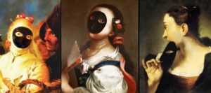 l'immagine rappresenta tre dipinti di altrettante maschere da Moretta