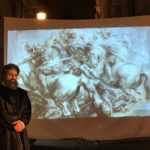 Michelangelo con lo sfondo della battaglia di Anghiari di Leonardo da Vinci